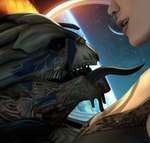 duo female imminent_kiss long_tongue male male/female open_mouth scar sharp_teeth space teeth tongue tongue_out visor bigl1463 bioware electronic_arts mass_effect female_shepard garrus_vakarian alien human mammal turian hi_res