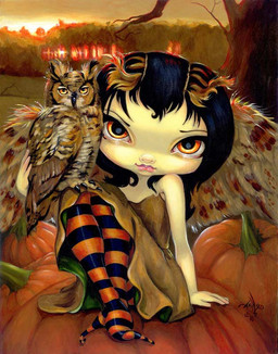 ambiguous_gender autumn beak black_hair clothed clothing detailed_background dress duo eyebrows feathered_wings feathers female feral food fruit hair lips long_hair looking_at_viewer micro orange_eyes pink_lips plant pumpkin pupils sitting tree wings jasmine_becket-griffith owlyn_(jasmine_becket-griffith) animal_humanoid avian avian_humanoid bird bird_humanoid fairy great_horned_owl horned_owl humanoid mammal owl owl_humanoid true_owl winged_humanoid 2010 dated formal_art painting_(artwork) traditional_media_(artwork) traditional_painting_(artwork)