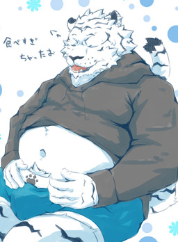 anthro belly bulge clothing hoodie humanoid_hands kemono male navel overweight overweight_male sitting solo text topwear underwear white_body gunso_p felid mammal pantherine tiger 2015 japanese_text