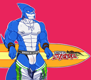 anthro barazoku belly black_eyes blue_body bottomwear bottomwear_down bulge clothed clothing detailed_bulge fang_necklace fin fin_piercing furgonomic_piercing furgonomics genital_outline gills jockstrap male muscular muscular_male partially_clothed penis_outline piercing shorts shorts_down simple_background solo surfboard surfer swimming_trunks swimming_trunks_down swimwear text text_on_clothing text_on_underwear translucent translucent_clothing translucent_jockstrap translucent_underwear underwear underwear_under_swimwear wet wet_clothing wet_jockstrap wet_underwear white_belly white_clothing white_jockstrap white_underwear mindmechanica thresher_(mindmechanica) aquatic fish shark 2020 hi_res