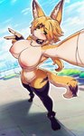 anthro big_breasts big_ears blonde_hair breasts clothing collar dipstick_tail female fingerless_gloves fluffy fluffy_tail fur genitals gesture gloves green_eyes hair hand_gesture handwear huge_breasts inner_ear_fluff legwear looking_at_viewer markings mostly_nude_female outside pose pussy selfie sky solo spiked_collar spikes tail tail_markings taking_picture taking_selfie thick_thighs thigh_highs thigh_highs_only tuft v_sign yellow_body yellow_fur orangedog mihoyo zenless_zone_zero pulchra_fellini felid feline fline mammal thiren digital_drawing_(artwork) digital_media_(artwork) hi_res