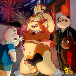 anthro balls belly blush bottomwear bound chain chained clothing erection feet foot_fetish foot_play footjob genitals group hoodie humanoid_hands male navel night nipples outside overweight penile penis sex shorts topwear young young_anthro xunli_170 bear giant_panda mammal 1:1 2020 hi_res