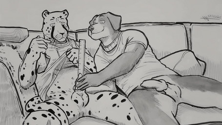 animal_genitalia anthro canine_genitalia clothed clothing collar duo feline_genitalia furniture genitals male male/male measurement pantsless penis sofa dedalothebison canid canine canis cheetah domestic_dog felid feline mammal 16:9 hi_res monochrome traditional_media_(artwork) widescreen