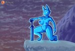 anthro big_breasts big_butt blue_body blue_nipples breasts butt curvy_figure female genitals kneeling melee_weapon nipples on_one_knee pussy solo sword voluptuous weapon foxette tunic_(video_game) the_heir_(tunic) canid canine fox mammal hi_res