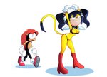 anthro arms_above_head big_breasts black_hair blush breasts clothed clothing duo female footwear fur gloves hair handwear male male/female open_mouth simple_background smile stretching surprise tail teasing yellow_body yellow_fur zettoart sega sonic_the_fighters sonic_the_hedgehog_(series) honey_the_cat mighty_the_armadillo armadillo domestic_cat felid feline felis mammal xenarthran hi_res