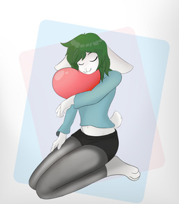 anthro black_bottomwear black_clothing black_pants blue_clothing blue_shirt blue_topwear bottomwear clothing eyes_closed female green_hair hair heart_symbol hug hugging_object hugging_plushie kneeling pants plushie shirt solo topwear white_body tealmode fan_character lagomorph leporid mammal rabbit absurd_res full-length_portrait hi_res portrait