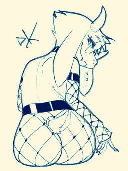 anthro butt choker clothing eyebrows eyewear fishnet_clothing floppy_ears glasses horn jewelry looking_at_viewer looking_back looking_back_at_viewer male male_anthro necklace piercing round_glasses solo tail desertkaiju deltarune undertale_(series) ralsei bovid caprine goat mammal 2025 hi_res