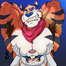 anthro armpit_hair black_body black_fur bodily_fluids body_hair breastfeeding breasts buckteeth clenched_teeth double_breastfeeding duo eyebrows fur hand_on_breast hands_behind_head head_tuft kerchief lactating male male/male male_lactation mascot moobs muscular muscular_arms nipples open_mouth orange_body orange_fur pecs smile teeth text tuft white_body white_fur jamesbunny007 frosted_flakes general_mills kellogg's trix tony_the_tiger trix_rabbit felid lagomorph leporid mammal pantherine rabbit tiger 1:1 2026 english_text hi_res shaded