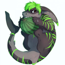 ambiguous_gender blue_eyes feral food fruit green_hair hair looking_at_viewer melon paws plant simple_background solo tail teeth watermelon white_background smileeeeeee vincent_(2vangog2) aquatic fish hybrid shark 1:1 digital_media_(artwork)