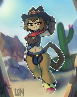 anthro big_breasts breasts brown_body brown_hair clothing cowboy_hat cowgirl_outfit female fur gun gun_arm hair hat headgear headwear lidded_eyes looking_at_viewer navel outside ranged_weapon smile solo tail topwear weapon weapon_arm whiskers lennoxicon gameoverse glitch_productions kit_bodega domestic_cat felid feline felis mammal 4:5 hi_res