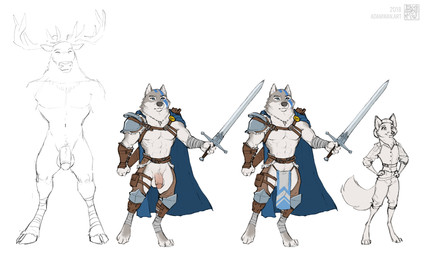 anthro armor balls black_nose bottomwear cape clothing flaccid fur genitals grey_body grey_fur group jewelry loincloth male melee_weapon multicolored_body multicolored_fur necklace pants pauldron penis shirt sword topwear trio two_tone_body two_tone_fur weapon white_body white_fur zaush canid canine canis cervine deer elk fox mammal wolf 2018 absurd_res hi_res model_sheet sketch