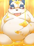 1_finger_fingering anthro belly blush food honey_(food) humanoid_hands kemono male navel navel_fingering overweight overweight_male solo tongue tongue_out unusual_fingering unusual_penetration white_body nikiciy bemani konami pop'n_music pandeth_(pop'n_music) bear giant_panda mammal 2014 3:4