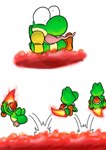 ambiguous_gender boots burning butt_on_fire clothing fifybear fire footwear green_yoshi hand_on_butt lava mario_bros nintendo pain shell solo tail tail_on_fire tongue tongue_out yoshi