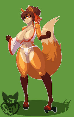 3_toes 4_toes anthro areola asian_clothing barely_visible_genitalia barely_visible_vulva big_breasts biped breasts brown_hair clothed clothing countershade_torso countershading dipstick_tail east_asian_clothing exposed_breasts feet female footwear fundoshi fur genitals hair japanese_clothing markings midriff navel nipples one_breast_out orange_body orange_fur pink_areola pubes red_eyes sandals shoes simple_background skimpy smile solo standing tail tail_markings toes underwear vulva sevsartcave rimi_(triuni) canid canine fox mammal aliasing digital_media_(artwork) hi_res pixel_(artwork)
