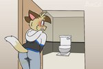 3:2 anthro bodily_fluids door genital_fluids holding_crotch humanoid inside male omorashi potty_dance ritz_(ritzcat) ritzcat shaking solo toilet trembling urine wetting