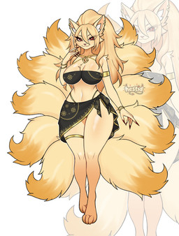 10_tails 4_toes 5_fingers anthro arm_tuft armlet bangs big_breasts blonde_hair bracelet breasts cheek_tuft chest_tuft dipstick_tail ear_piercing eyelashes facial_tuft feet female fingers fur gold_(metal) gold_jewelry hair hair_between_eyes inner_ear_fluff jewelry long_eyelashes long_hair markings multi_tail navel paws piercing red_eyes sarong shoulder_tuft small_waist smile solo tail tail_markings thick_thighs thighlet thong_straps toes tuft yellow_body yellow_fur hestid nintendo pokemon generation_1_pokemon ninetales pokemon_(species) absurd_res colored digital_drawing_(artwork) digital_media_(artwork) full-length_portrait hi_res portrait shaded