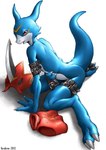 2003 ambiguous_gender anthro armor bandai_namco biped blue_body blue_skin crest_of_courage digimon digimon_(species) digimon_crest flamedramon hi_res karabiner looking_at_viewer nude red_eyes reptile scalie simple_background sitting solo suggestive symbol tail undressed white_background