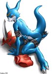 ambiguous_gender anthro armor biped blue_body blue_skin crest_of_courage digimon_crest looking_at_viewer nude red_eyes simple_background sitting solo suggestive symbol tail undressed white_background karabiner bandai_namco digimon digimon_(species) flamedramon reptile scalie 2003 hi_res