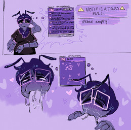 4_arms antennae_(anatomy) anthro anthro_penetrated black_bottomwear black_clothing black_pants black_shirt black_text black_topwear blue_antennae blue_hair blush blush_lines bodily_fluids bottomwear brain clothed clothed_anthro clothed_female clothing disembodied_penis duo erection exoskeleton eyes_closed eyewear faceless_character faceless_male fellatio female female_anthro female_focus female_penetrated fingers freckled_face freckles genitals glasses hair half-closed_eyes heart_symbol hearts_around_head humanoid_genitalia humanoid_penis intelligence_loss male male/female male_penetrating male_penetrating_female mandibles multi_arm multi_limb narrowed_eyes oral organs pants penetration penile penis pink_eyewear pink_glasses pink_text purple_body purple_exoskeleton rectangular_glasses ruff saliva saliva_on_face saliva_on_penis sex shirt short_hair short_sleeves slightly_chubby slightly_chubby_anthro slightly_chubby_female solo_focus text thought_bubble topwear vein veiny_penis warning_sign currentlytr_ash arthropod bee carpenter_bee hymenopteran insect 2026 absurd_res english_text handwritten_text hi_res sequence