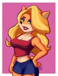 anthro blonde_hair border bottomwear breasts cleavage clothed clothing eyeshadow female green_eyes hair half-closed_eyes lipstick makeup narrowed_eyes navel shirt shorts simple_background solo topwear white_border alex-toons activision crash_bandicoot_(series) tawna_bandicoot mammal marsupial 2022 hi_res signature