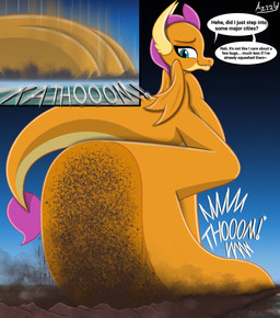 barefoot blue_eyes city_crushing crushed_micros dirty dirty_feet feet female foot_crush foot_fetish foot_focus footprint giga horn landscape_dwarfing macro orange_body size_difference soles solo stomped stomping tail text toes underfoot wings az12lol friendship_is_magic hasbro my_little_pony mythology smolder_(mlp) dragon mythological_creature mythological_scalie scalie absurd_res digital_media_(artwork) english_text hi_res