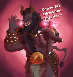abs anthro armor beard beard_ponytail bed black_hair blush body_hair bottomwear claws clothing facial_hair facial_piercing finger_claws fur furniture hair heart_symbol holidays horn loincloth long_hair looking_at_viewer male muscular muscular_anthro muscular_male pattern_clothing pattern_underwear pecs piercing purple_body red_eyes seductive smile smiling_at_viewer solo tail tail_tuft text topwear tuft unconvincing_armor underwear valentine's_day_card bismarck6 asian_mythology dead_by_daylight east_asian_mythology european_mythology greek_mythology japanese_mythology mythology valentine's_day the_oni_(dead_by_daylight) bovid bovine demon humanoid mammal minotaur oni yokai english_text hi_res