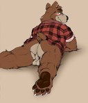 anthro backsack balls biped black_nose blush bottomless brown_body butt clothed clothing feet genitals lying male shirt solo topwear hopelesshighschool password_(visual_novel) dean_(password) bear brown_bear mammal ursine 2022 hi_res