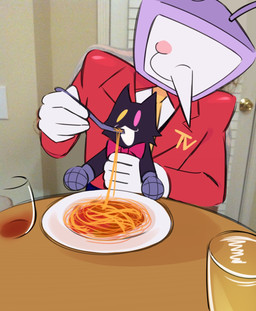 ambiguous_gender biped black_body black_fur bow_tie clothed clothing cutlery duo eating electronics eyeless feeding feeding_another feral feralized food for_a_head fork fur glass heterochromia holding_another inside kitchen_utensils looking_at_another male microphone_hands open_:3 open_mouth pasta photo_background pink_eyes plate quadruped screen screen_face size_difference spaghetti suit television three-quarter_view tools white_body yellow_eyes fafameow deltarune undertale_(series) cat_mike_(deltarune) tenna_(deltarune) domestic_cat felid feline felis humanoid mammal object_head screen_head tv_head 2026 digital_drawing_(artwork) digital_media_(artwork) draw_over hi_res meme mixed_media photography_(artwork) redraw
