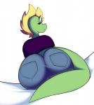 anthro big_butt biped blonde_hair bottomwear brown_eyes butt clothing curvy_figure denim denim_bottomwear denim_clothing female green_body green_scales hair horn jeans long_tail mohawk pants purple_clothing purple_shirt purple_topwear rear_view scales shirt slightly_chubby solo tail thick_tail thick_thighs topwear voluptuous wide_hips digitalpelican mythology sasha_(digitalpelican) dragon mythological_creature mythological_scalie scalie hi_res