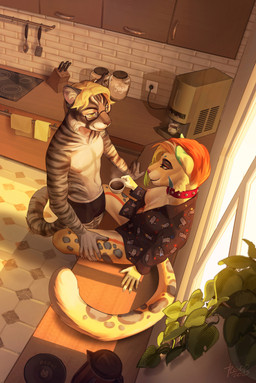 anthro bottomless boxer_briefs boxer_briefs_only breasts clothed clothing collar container cup day detailed_background duo eye_contact eyebrows eyelashes eyewear female glasses high-angle_view holding_container holding_cup holding_mug holding_object inside kitchen leg_grab looking_at_another male male/female mug nipples red_collar shirt shirt_only sitting sitting_on_counter smile studded_collar studs thigh_grab topless topwear topwear_only underwear underwear_only yellow_eyes plgdd enreeu lucian_(shycyborg) felid feline leopardus mammal ocelot 2023 digital_media_(artwork) hi_res