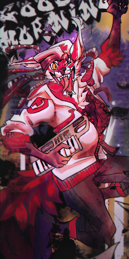 anthro black_hair black_nose claws clothing cross detailed_background detailed_fur digitigrade ear_tuft fluffy fluffy_tail fur graffiti hair hat headgear headwear hood hoodie legwear male musical_instrument paws pseudo_hair red_body red_fur smile solo tail tentacle_hair tentacles tongue tongue_out topwear tuft wall_(structure) whiskers white_body white_fur yellow_eyes zipper unknown_artist lapfox_trax renard_queenston canid canine fox mammal absurd_res detailed hi_res