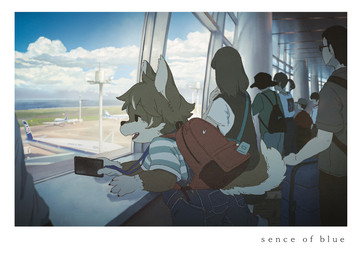aircraft airplane airport anthro backpack clothing female group holding_object kemono leaning leaning_forward looking_through looking_through_window male open_mouth overalls pattern_clothing pattern_shirt pattern_topwear red_backpack shirt striped_clothing striped_shirt striped_topwear stripes topwear vehicle young young_anthro young_male nishiko24 ookami_(nishiko24) canid canine canis human mammal wolf 2024 hi_res japanese_description