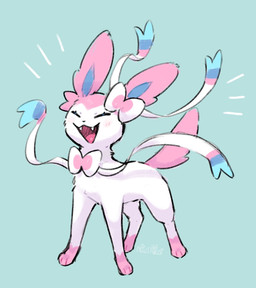 ambiguous_gender bow_(anatomy) emanata eyes_closed fangs feral fur open_mouth paws pink_body pink_fur ribbons_(anatomy) simple_background solo teeth tongue white_body white_fur wolfwithwing nintendo pokemon eeveelution generation_6_pokemon pokemon_(species) sylveon 2026 absurd_res hi_res signature