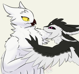 3_fingers 4_ears ambiguous_gender anthro arm_feathers arm_in_mouth beak biped black_body black_claws black_feathers black_finger_claws black_fur black_sclera bodily_fluids chest_tuft claws confusion countershade_face countershading drooling duo eye_contact feathered_wings feathers finger_claws fingers fluffy fur grabbing hair hand_in_mouth hand_on_chest looking_at_another male male/ambiguous male_anthro multi_ear multicolored_body multicolored_feathers narrowed_eyes neck_bulge nude nude_anthro open_beak open_mouth oral_fisting oral_vore partially_inside penetration pupils purple_eyes saliva saliva_string side_view simple_background size_difference slit_pupils smaller_pred smile smug tail tan_background text tuft tufted_fur vore white_background white_body white_feathers white_fur white_wings winged_arms wings yellow_eyes yellow_sclera yporolsya fyr_(fenrir784) scandiowlcus avali avian bird owl true_owl 2025 colored digital_drawing_(artwork) digital_media_(artwork) english_text hi_res shaded signature watermark