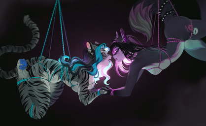 alternative_fashion anthro bdsm black_body black_fur black_hair black_stripes blue_highlights blue_pawpads bodily_fluids bondage bound bound_together breasts countershade_accent dipstick_tail duo eyes_closed eyeshadow female female/female fur grey_body grey_fur hair hand_holding highlights_(coloring) makeup markings multicolored_body nude pawpads piercing pink_highlights restraints rope rope_bondage rope_harness saliva scene_(fashion) scene_haircut spikes stripes tail tail_markings two_tone_body kimintaq freyja_(freyjatigress) scenequeen canid canine felid fox mammal pantherine tiger absurd_res hi_res