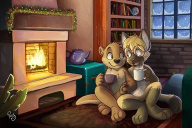 anthro black_nose blonde_hair blue_eyes book bookshelf brown_body brown_fur closed_smile container cup duo eyewear featureless_crotch fireplace fur furniture glasses gloves_(marking) green_eyes hair hand_holding happy heterochromia holding_container holding_cup holding_mug holding_object leg_markings logo male markings mouth_closed mug nude open_mouth open_smile round_glasses short_hair sitting smile socks_(marking) tan_body tan_fur white_body white_fur window young young_anthro young_male pandapaco felid mammal mustelid otter artist_logo signature