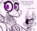 animatronic anthro avian beak bib bird canid canine chicken dialogue duo english_text exposed_endoskeleton eye_patch eyebrows eyewear five_nights_at_freddy's five_nights_at_freddy's_2 fox galliform gallus_(genus) hook hook_hand machine mammal phasianid pink_eyes pirate robot scottgames simple_background teeth text toy-bonnie wire withered_chica_(fnaf) withered_foxy_(fnaf) yellow_eyes