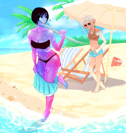 ambiguous_gender beach bikini black_bikini black_clothing black_hair black_swimwear blue_body blue_skin blush bottomwear bra brown_body brown_fur bucket clothed clothing container detailed_background dripping duo ear_piercing female front_view fur grass hair heart_(marking) lawn_chair markings open_mouth outside palm_tree panties parasol piercing plant purple_body purple_skin sand seashell seaside shell shorts skirt sky smile swimwear three-quarter_view tree two-piece_swimsuit umbrella underwear undressing water white_hair suutooroo goomy_(character) hannah_(suutooroo) ambient_sealife ambient_starfish aquatic asterozoan echinoderm goo_creature haplorhine humanoid mammal monkey primate starfish hi_res