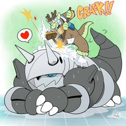 all_fours ambiguous_gender anthro antlers asian_clothing assisted_bathing bath bathhouse bathing brown_body brown_fur brush claws clothed clothing dialogue duo east_asian_clothing eyes_closed fundoshi fur heart_symbol horn humor japanese_clothing male nude paws raised_tail size_difference speech_bubble star tail text toe_claws underwear water wet takataka nintendo pokemon aggron generation_3_pokemon pokemon_(species) unknown_species 1:1 2015 english_text pictographics