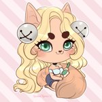 anthro blonde_hair blue_eyes chibi eyelashes female fur glistening glistening_eyes hair hair_bell kneeling looking_at_viewer mouth_closed orange_body orange_fur pattern_background simple_background solo striped_background tiggybloom domestic_cat felid feline felis mammal 1:1 2021