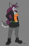 anthro biped black_nose boots bottomwear breasts clothed clothing female footwear fur grey_background grey_body grey_fur grey_tail hair jacket long_hair open_clothing open_jacket open_topwear pink_hair shoes simple_background skirt solo standing tail topwear two_tone_tail white_tail vant_talon nova_casperia canid canine canis mammal wolf absurd_res full-length_portrait hi_res portrait