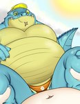 anthro belly blue_body clothing duo first_person_view fupa green_eyes hat headgear headwear male male/male overweight scar smile speedo spread_legs spreading swimwear visor_cap peto3001 lifewonders tokyo_afterschool_summoners makara_(tas) crocodile crocodilian human mammal reptile scalie hi_res