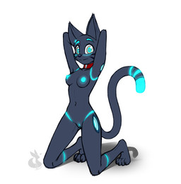anthro anthrofied areola black_body black_nose blue_blush blue_markings blue_nipples blush blush_lines breasts claws clitoris collar collar_only digitigrade dipstick_tail female front_view genitals glowing glowing_genitalia glowing_nipples glowing_tail_tip glowing_vulva hands_behind_head humanoid_genitalia humanoid_vulva kneeling looking_at_viewer machine markings navel nipples nude nude_female simple_background small_breasts solo tail tail_markings toe_claws vulva white_background mancoin hi-fi_rush microsoft tango_gameworks 808_(hi-fi_rush) cat_robot robot hi_res