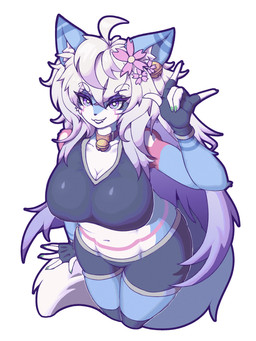 accessory anthro bell big_breasts biped breasts clothed clothing colored_nails female female_anthro fingernails flower flower_in_hair fox_ears fox_tail fur green_fingernails green_nails hair hair_accessory jingle_bell multicolored_body multicolored_fur nails plant purple_eyes purple_hair smile solo standing wolf_ears wolf_tail wentox canid canine fox hybrid mammal 3:4 absurd_res hi_res