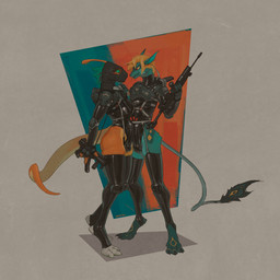 abstract_background anthro assault_rifle balaclava balls_outline blonde_hair blue_body blue_hair blush bulge bulge_frottage claws clothing detailed_bulge duo erection eye_contact frottage garter_belt garter_straps genital_outline gun hair holding_gun holding_object holding_ranged_weapon holding_weapon latex legwear leotard looking_at_another male mask orange_body paws penile penis_outline penises_touching ranged_weapon rifle sex standing submachine_gun thigh_highs weapon flowerdino mythology molniya rocket_(underscore) dinosaur dragon hadrosaurid mythological_creature mythological_scalie ornithischian ornithopod parasaurolophus prehistoric_species reptile scalie 1:1 digital_drawing_(artwork) digital_media_(artwork) hi_res nonbinary_(lore)
