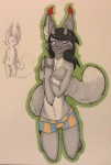 4_fingers anthro black_hair bottomwear boy_shorts breasts button_panties clothed clothing devil_horns_(gesture) fangs female fingers fur gesture green_outline grey_body grey_fur hair hand_gesture horn kneeling long_ears looking_away multiple_poses nude one_eye_closed outline panties panties_only pattern_bottomwear pattern_clothing pattern_panties pattern_underwear pose simple_background smile solo striped_bottomwear striped_clothing striped_panties striped_underwear stripes teeth topless underwear underwear_only white_background unknown_artist demirae_royale canid canine demon fox mammal 2014 archived_source traditional_media_(artwork)