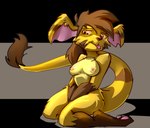 abstract_background anthro big_ears breasts brown_body brown_fur brown_hair convenient_censorship digitigrade female fur hair kneeling long_tail nipples nude orange_eyes pawpads solo tail tail_tuft tongue tongue_out tuft yellow_body yellow_fur applepost67 slightly_damned rhea_snaketail jakkai colored signature