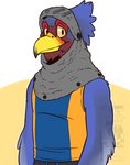 anthro beak belt blue_body blue_feathers cloth clothing eyebrows feathers headwrap looking_at_viewer male raised_eyebrows shirt simple_background solo standing topwear yellow_beak eclipticafusion animal_crossing nintendo sterling_(animal_crossing) accipitrid accipitriform avian bird eagle 2020 half-length_portrait portrait watermark