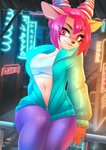 anthro black_nose breasts brown_body cleavage clothed clothing female front_view hair jacket looking_aside navel neon_lights night outside pink_hair raining red_eyes sitting smile solo topwear wide_hips dannyckoo tresertf soyuzmultfilm well_just_you_wait! ulya_(wjyw) deer mammal 2020 collaboration hi_res