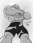 abs big_muscles clothed clothing grainy grey_background looking_at_viewer low-angle_view male muscular muscular_male simple_background solo swimming_trunks swimwear topless gepredators disney inktober lilo_and_stitch gantu alien 2019 digital_drawing_(artwork) digital_media_(artwork) greyscale monochrome